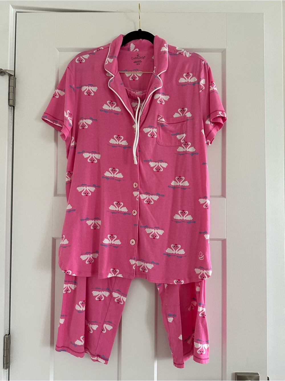 Women's Cuddl Duds Pink Swan Pajama Set with Contrast Piping